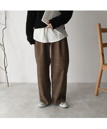 Lavish Gate | bottoms-02047　ツータック セミワイド チェックパンツ　ブラウン(その他パンツ)