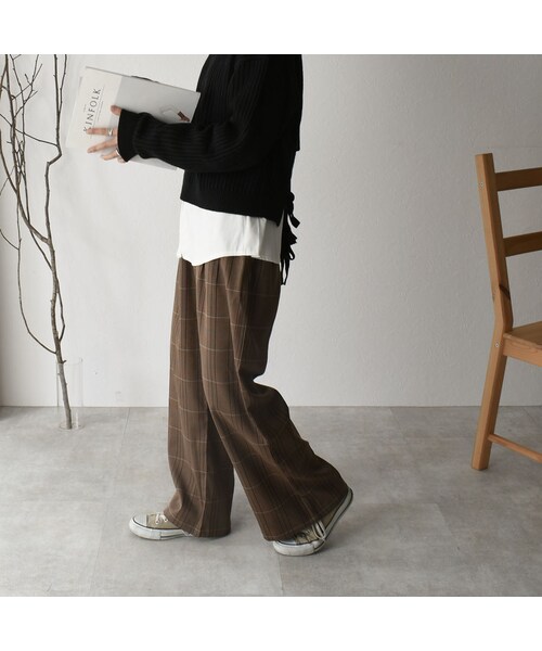 Lavish Gate（ラヴィッシュゲート）の「bottoms-02047　ツータック セミワイド チェックパンツ　ブラウン（その他パンツ・レディース・その他）」の4枚目の写真