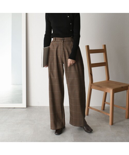 Lavish Gate（ラヴィッシュゲート）の「bottoms-02047　ツータック セミワイド チェックパンツ　ブラウン（その他パンツ・レディース・その他）」の7枚目の写真
