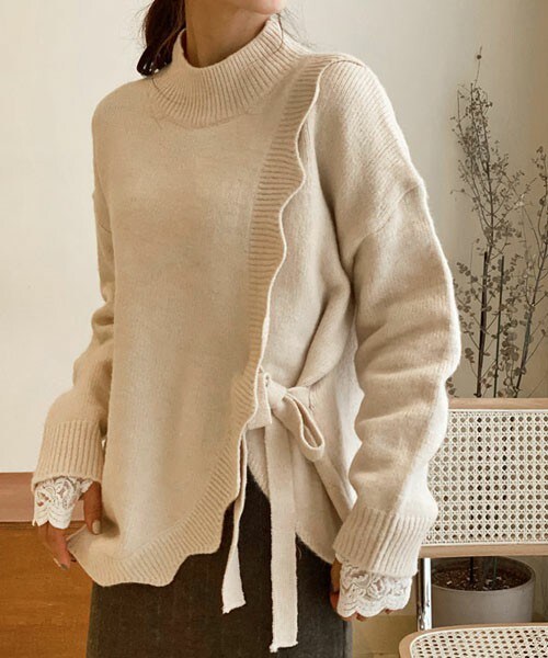 DHOLIC（ディーホリック）の「サイドリボンウェーブニット（ニット/セーター・レディース・ブラウン/ベージュ・FREE）」の2枚目の写真