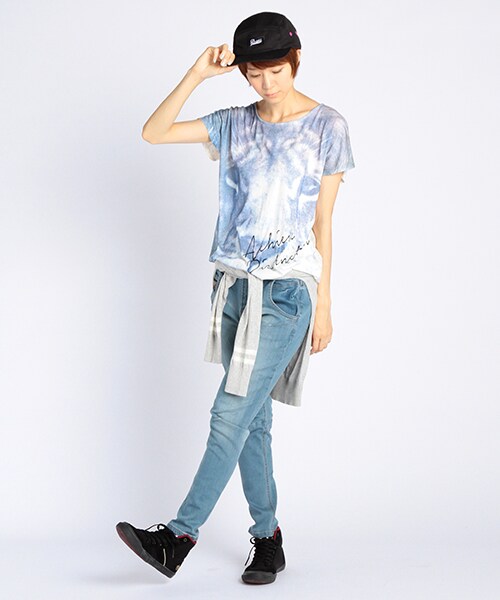 DOUBLE NAME（ダブルネーム）の「カットデニムスリムサルエルＰＴ（パンツ・サックス/オフシロ/柄A・S/M/L）」の8枚目の写真