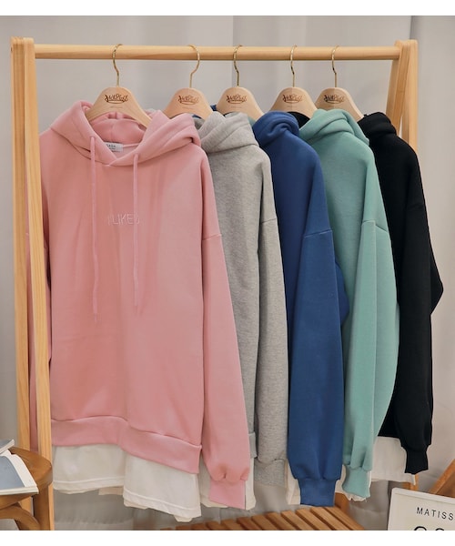 HOTPING（ホッピン）の「レイヤード風裏起毛ルーズフードパーカー（スウェット・レディース・Green/Blue/Black/Grey/Pink・フリーサイズ）」の5枚目の写真