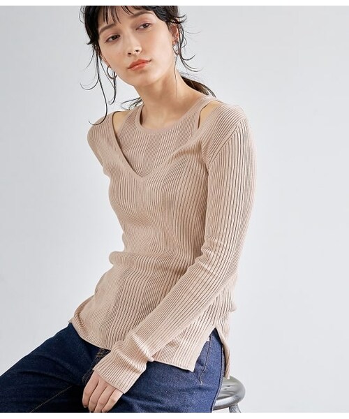 ADAM ET ROPE'（アダムエロペ）の「ランダムリブアンサンブルセット（トップス・レディース・オフホワイト/ベージュ系/カーキ・F）」の2枚目の写真