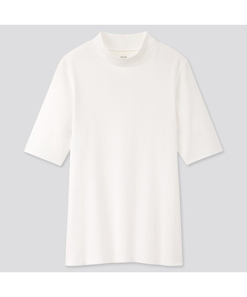 UNIQLO（ユニクロ）の「コットンフライスハイネックT（5分袖）（Tシャツ/カットソー・レディース・PINK 12/LIGHT GREEN 50/BLUE 64/BLUE 66/PINK 10/BLACK 09/WHITE 00/GREEN 54・XS/S/XL/XXL/3XL/M/L）」の2枚目の写真
