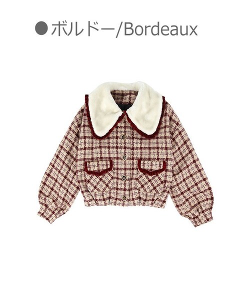 Bobon21（ボボンニジュウイチ）の「チェック柄ファー襟ショートブルゾン-全２色-（ブルゾン・レディース・ブラウン/レッド・S/M/L）」の2枚目の写真