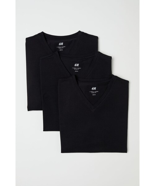 H&M - スリムフィットTシャツ 3枚セット - ブラックの1枚目の写真