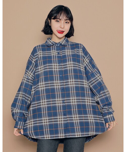 HOTPING(ホッピン)の「コットンルーズチェックシャツ(シャツ/ブラウス・レディース・Beige/Blue・フリーサイズ/2XL-3XL)」の2枚目の写真