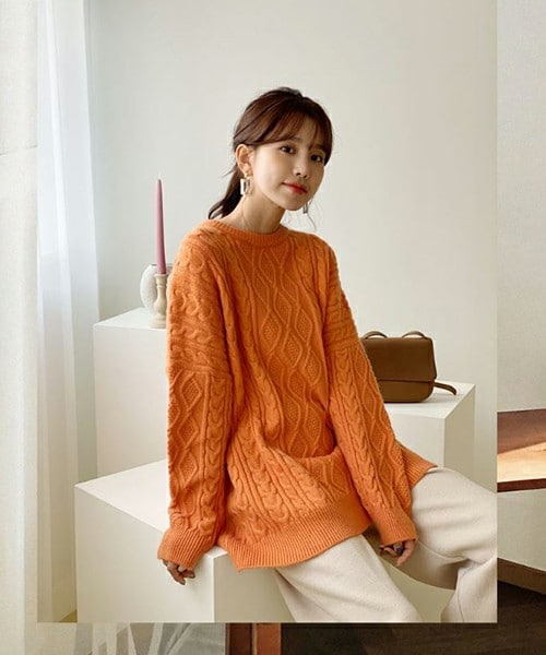 DHOLIC（ディーホリック）の「ルーズケーブルニット（ニット/セーター・レディース・ホワイト/オレンジ/グリーン・FREE）」の3枚目の写真