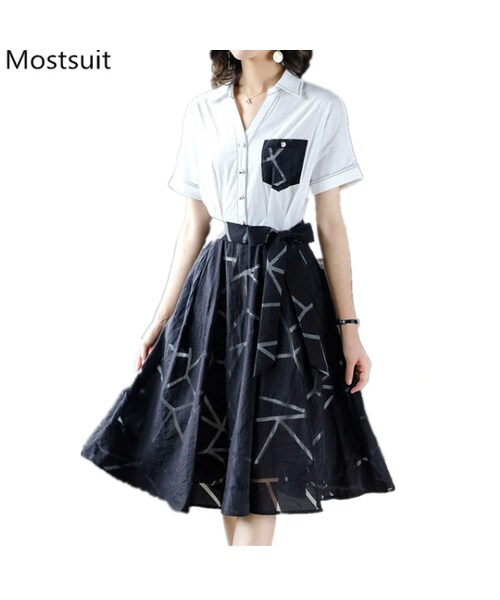 No Brand ノーブランド の 19夏のオフィスプリーツドレス女性プラスサイズ半袖ラインolスタイルエレガントな韓国のファッションドレス 2343 スカート Wear