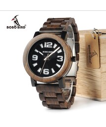 BOBO BIRD　木製金属蓋付き男性用腕時計大きい数字ダイヤル木製バンドクォーツ時計