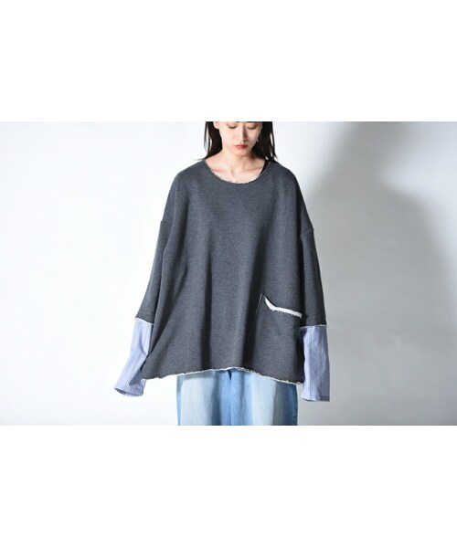 my beautiful landlet（マイビューティフルランドレット）の「My Beautiful Landlet ストライプ切替カットオフスウェット（スウェット・レディース・ピンク/グレー・1）」の2枚目の写真