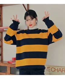 HOTPING | 6Colors裏起毛ルーズネイビーボーダースウェット(スウェット)