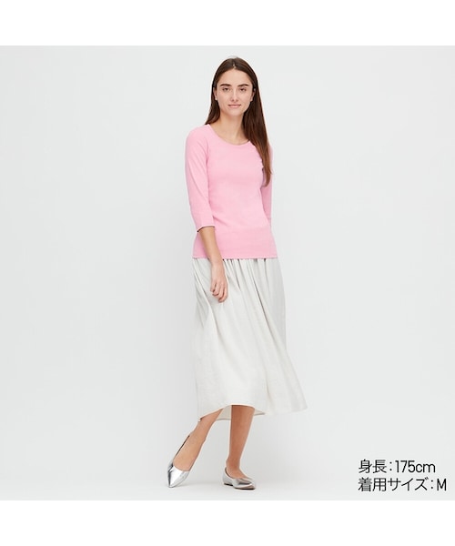 UNIQLO（ユニクロ）の「コットンフライスクルーネックT（7分袖）（Tシャツ/カットソー・レディース・BLACK 09/PINK 10/ORANGE 23/GRAY 03/BLUE 64/PINK 11/WHITE 00/NAVY 69/LIGHT GREEN 50・L/3XL/M/XS/XXL/S/XL）」の8枚目の写真