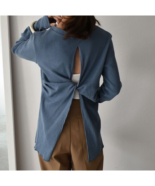 Lavish Gate（ラヴィッシュゲート）の「tops-04027　日本製　オールドコットリブ　バックツイスト プルオーバー　ダスティブルー　グリーンベージュ（Tシャツ/カットソー・レディース・その他）」の7枚目の写真