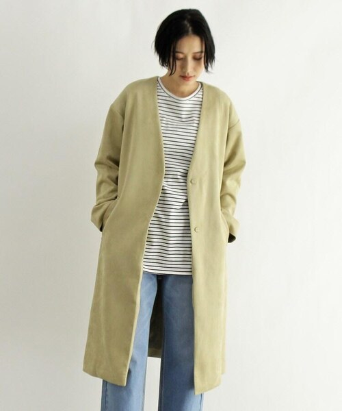 OZOC（オゾック）の「スエード調ノーカラーロングジャケット（ジャケット/アウター・レディース・ナチュラル(050)/ピンク(070)/カーキ(027)・38(M)）」の3枚目の写真