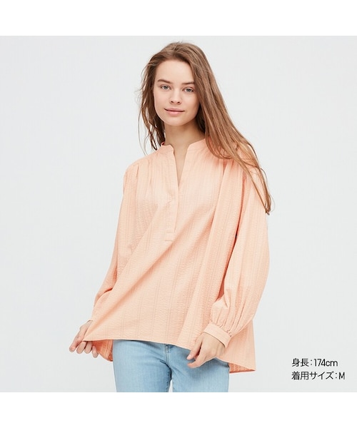 UNIQLO（ユニクロ）の「コットンドビーギャザーブラウス（長袖）（シャツ/ブラウス・レディース・WHITE 00/LIGHT ORANGE 20/BLACK 09/BEIGE 31・M/XXL/L/XL/S/3XL/XS）」の4枚目の写真