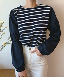 DHOLIC | ボーダーパフスリーブTシャツ(Tシャツ/カットソー)