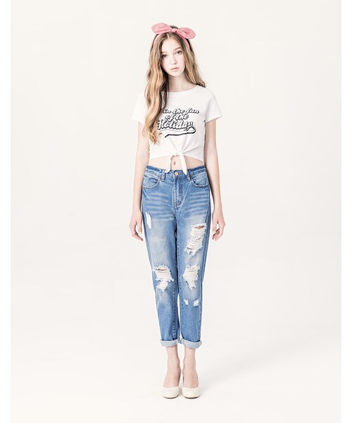 PAZZO（パッゾ）の「淺色仿舊刷破九分男友褲（その他・レディース・淺藍・S/M/L）」の5枚目の写真