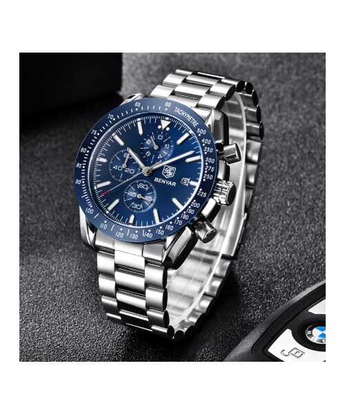 No Brand ノーブランド の Benyar メンズ腕時計 防水 クロノグラフ ビジネス ステンレスベルト 日付表示 クォーツ 海外高級ブランド シンプル 選べる2色 その他 Wear