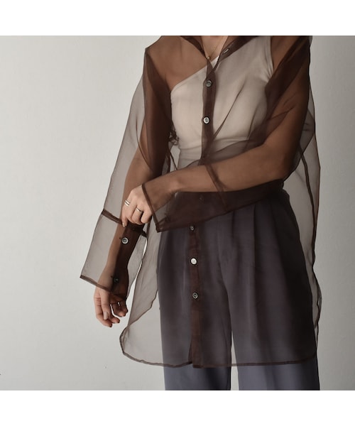 Lavish Gate（ラヴィッシュゲート）の「tops-04026　日本製　オーガンジー　シアーシャツ　ブラウン（シャツ/ブラウス・レディース・その他）」の7枚目の写真