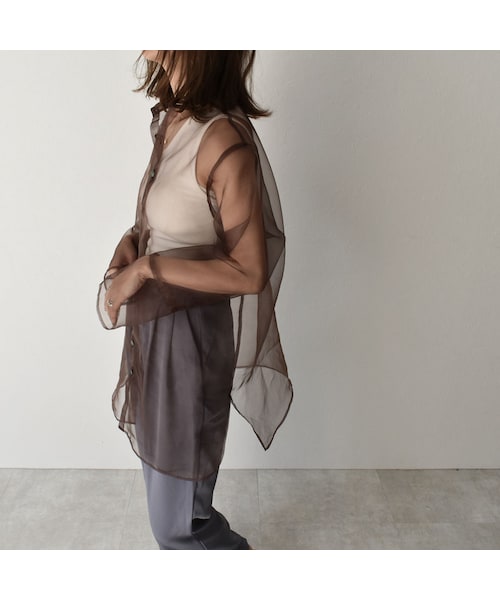 Lavish Gate（ラヴィッシュゲート）の「tops-04026　日本製　オーガンジー　シアーシャツ　ブラウン（シャツ/ブラウス・レディース・その他）」の4枚目の写真