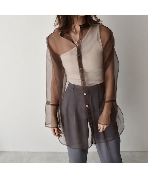 Lavish Gate（ラヴィッシュゲート）の「tops-04026　日本製　オーガンジー　シアーシャツ　ブラウン（シャツ/ブラウス・レディース・その他）」の3枚目の写真