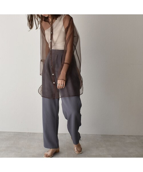 Lavish Gate（ラヴィッシュゲート）の「tops-04026　日本製　オーガンジー　シアーシャツ　ブラウン（シャツ/ブラウス・レディース・その他）」の5枚目の写真