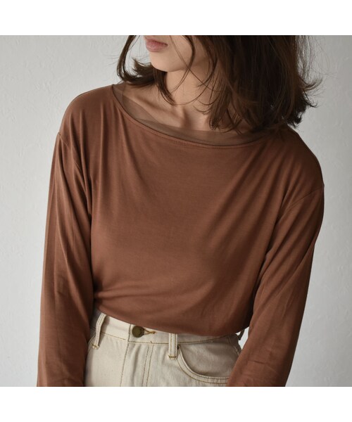 Lavish Gate（ラヴィッシュゲート）の「nh-tops-02146　チュールドッキング カットソー　ブラウン（Tシャツ/カットソー・レディース・その他）」の5枚目の写真