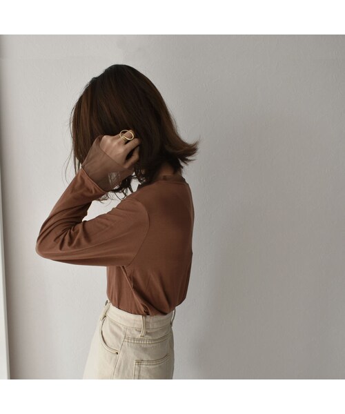 Lavish Gate（ラヴィッシュゲート）の「nh-tops-02146　チュールドッキング カットソー　ブラウン（Tシャツ/カットソー・レディース・その他）」の4枚目の写真