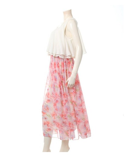 INGNI（イング）の「シフォンx花柄ドッキング／マキシワンピース（ワンピース/ドレス・レディース・ｵﾌﾎﾜｲﾄ/ﾋﾟﾝｸ/ｵﾌﾎﾜｲﾄ/ﾌﾞﾙｰ・M）」の2枚目の写真