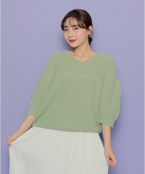 HOTPING（ホッピン）の「バルーンスリーブⅤネック7分丈ニット（ニット/セーター・レディース・White/Red/Green/Brown・フリーサイズ）」の3枚目の写真