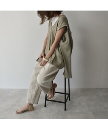 Lavish Gate | tops-04031　日本製　Ｖネックボタンデザイン　コットンリブプルオーバー　グレージュ　ピスタチオ　キャメル(Tシャツ/カットソー)