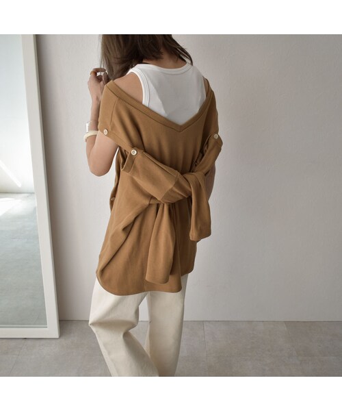 Lavish Gate（ラヴィッシュゲート）の「tops-04031　日本製　Ｖネックボタンデザイン　コットンリブプルオーバー　グレージュ　ピスタチオ　キャメル（Tシャツ/カットソー・レディース・その他）」の10枚目の写真