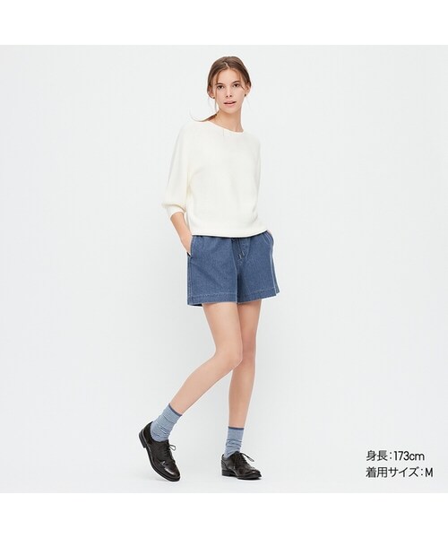 UNIQLO（ユニクロ）の「デニムジャージーショートパンツ（その他パンツ・レディース・BLACK 09/OFF WHITE 01/BLUE 62/BLUE 68/PINK 11・3XL/M/XS/XL/L/S/XXL）」の4枚目の写真