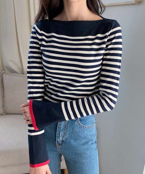 DHOLIC（ディーホリック）の「スリーブ配色ボーダーニット（ニット/セーター・レディース・ホワイト/ブラック・FREE）」の2枚目の写真