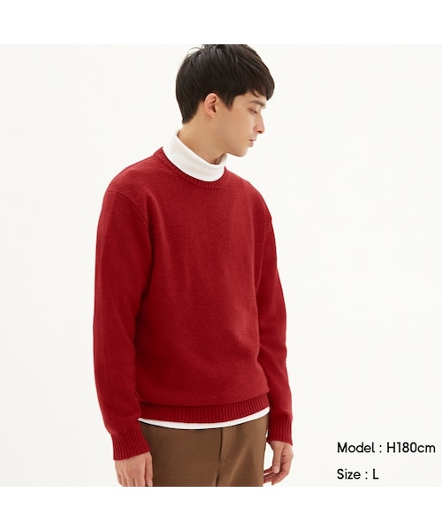 GU(ジーユー)の「ラムブレンドクルーネックセーター(長袖)(長袖・メンズ・16RED・M)」の1枚目の写真