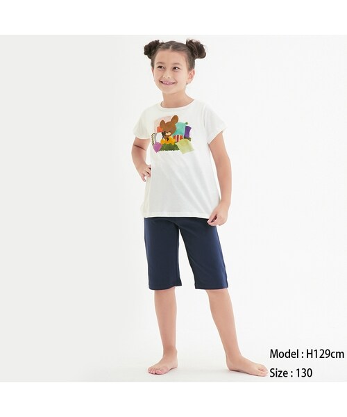 GU(ジーユー)の「GIRLSラウンジセット(半袖)くまのがっこう1(ルームウェア・キッズ・00WHITE・110)」の1枚目の写真