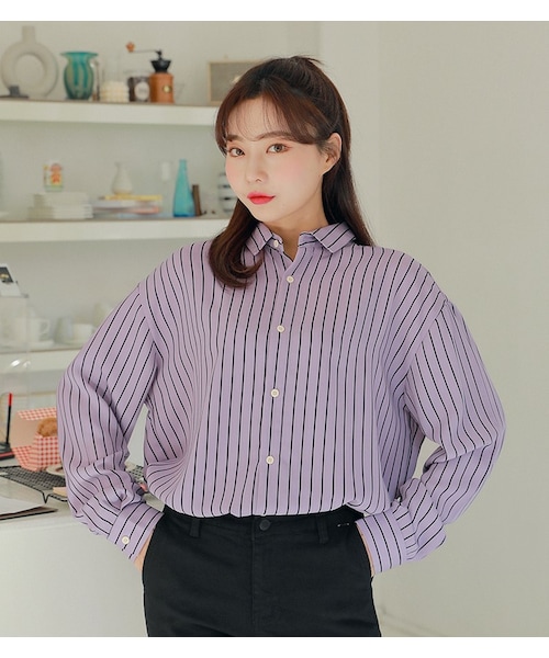 HOTPING（ホッピン）の「オーバーサイズ配色ストライプシャツ（シャツ/ブラウス・レディース・Green/Purple/Blue・フリーサイズ）」の3枚目の写真