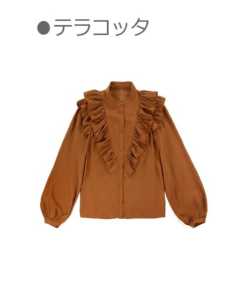 Bobon21(ボボンニジュウイチ)の「大人ガーリーラッフルフリルブラウス(シャツ/ブラウス・レディース・ホワイト/ブラウン・Free)」の2枚目の写真