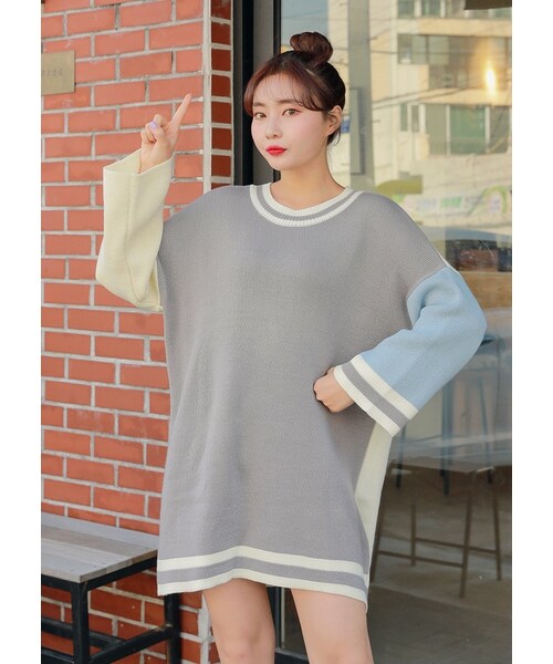HOTPING(ホッピン)の「配色ポイントニットミニワンピース(ワンピース・レディース・Grey/Beige/White・XS-S/M-L/XL-2XL)」の1枚目の写真