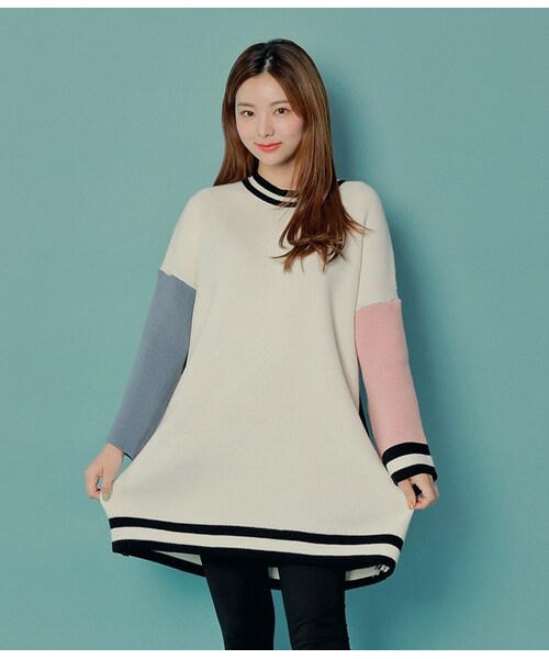 HOTPING(ホッピン)の「配色ポイントニットミニワンピース(ワンピース・レディース・Grey/Beige/White・XS-S/M-L/XL-2XL)」の2枚目の写真