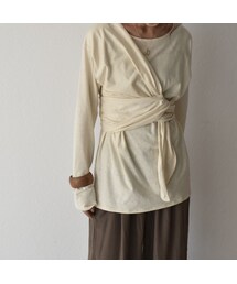 Lavish Gate | nh-tops-04028　日本製　ワンショルダーラップ　 ロング Tシャツ　エクリュ　カーキベージュ(Tシャツ/カットソー)