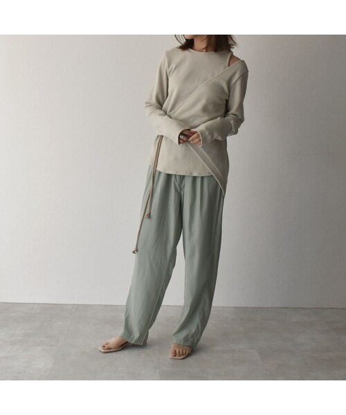 Lavish Gate（ラヴィッシュゲート）の「tops-04033　日本製　ロープデザイン　アシンメトリー　リブ プルオーバーセット　グレージュ　ピスタチオ　キャメル（Tシャツ/カットソー・レディース・その他）」の12枚目の写真