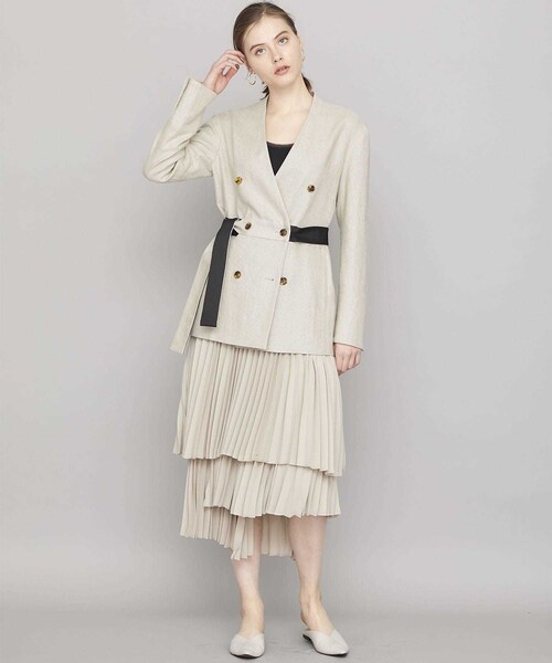 チノ CINOH ノーカラーダブルジャケット リネン 麻 38 アイボリー系