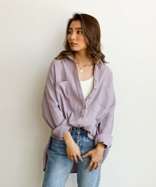 Auntie Rosa Holiday（アンティローザホリデー）の「ダブルガーゼルーズシャツ（シャツ/ブラウス・レディース・ホワイト/ブラック/ベージュ/ブルー/パープル・FREE）」の5枚目の写真