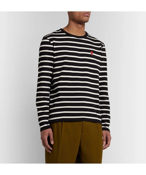 ami（アミ）の「Ami Logo-Appliqued Striped Cotton-Jersey T-Shirt（Tシャツ/カットソー・メンズ・Black・XS/S/M/L/XL）」の2枚目の写真