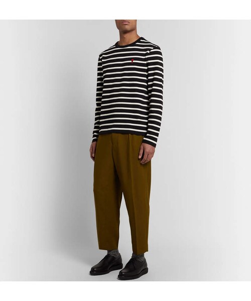 ami（アミ）の「Ami Logo-Appliqued Striped Cotton-Jersey T-Shirt（Tシャツ/カットソー・メンズ・Black・XS/S/M/L/XL）」の3枚目の写真