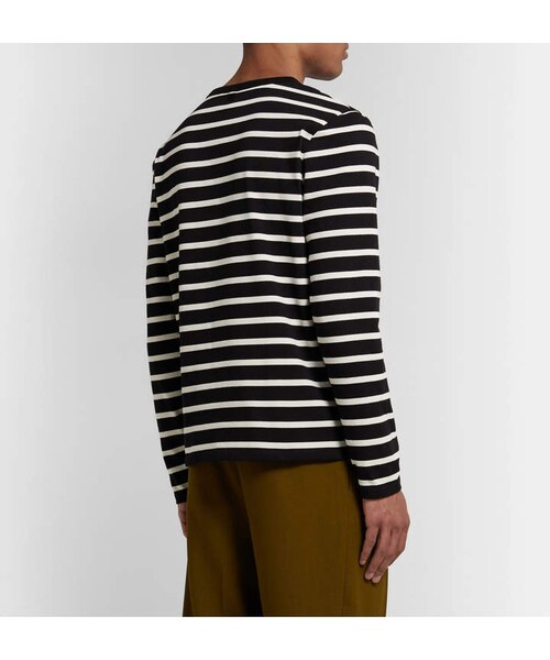 ami（アミ）の「Ami Logo-Appliqued Striped Cotton-Jersey T-Shirt（Tシャツ/カットソー・メンズ・Black・XS/S/M/L/XL）」の4枚目の写真