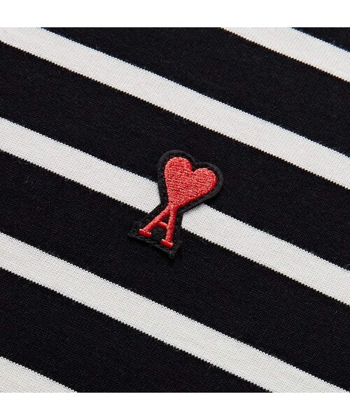 ami（アミ）の「Ami Logo-Appliqued Striped Cotton-Jersey T-Shirt（Tシャツ/カットソー・メンズ・Black・XS/S/M/L/XL）」の5枚目の写真