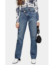 Topshop Mid Blue Wrap Over Dad Straight Jeans